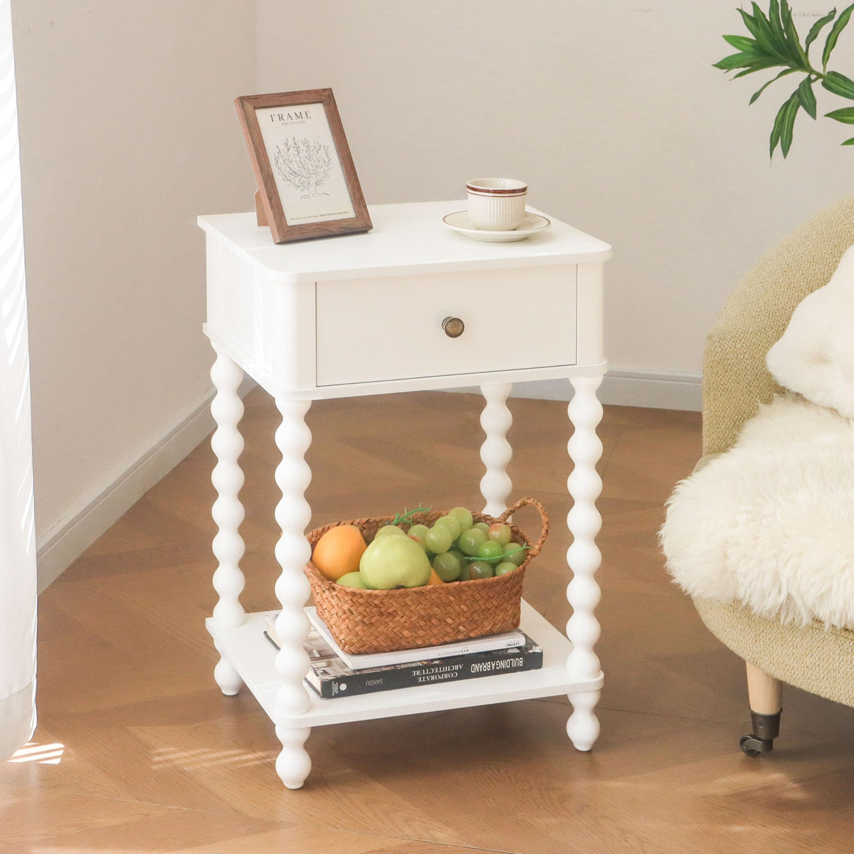 AWASEN nightstand side view showing spindle wood legs and farmhouse style