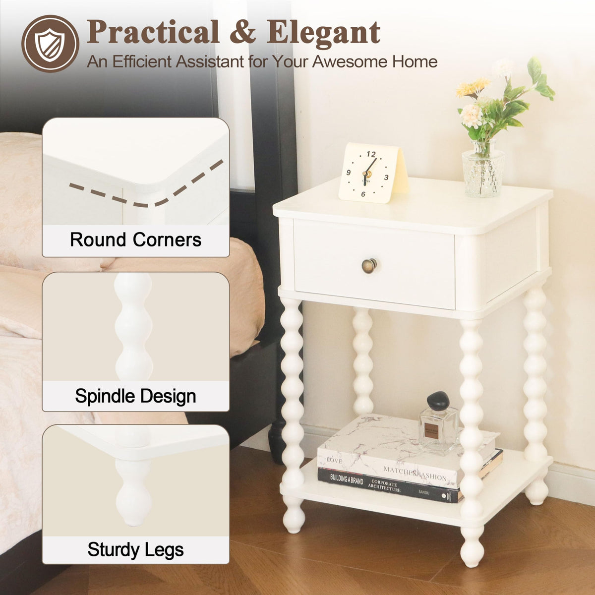 AWASEN White Nightstand features sturdy wood legs and durable build