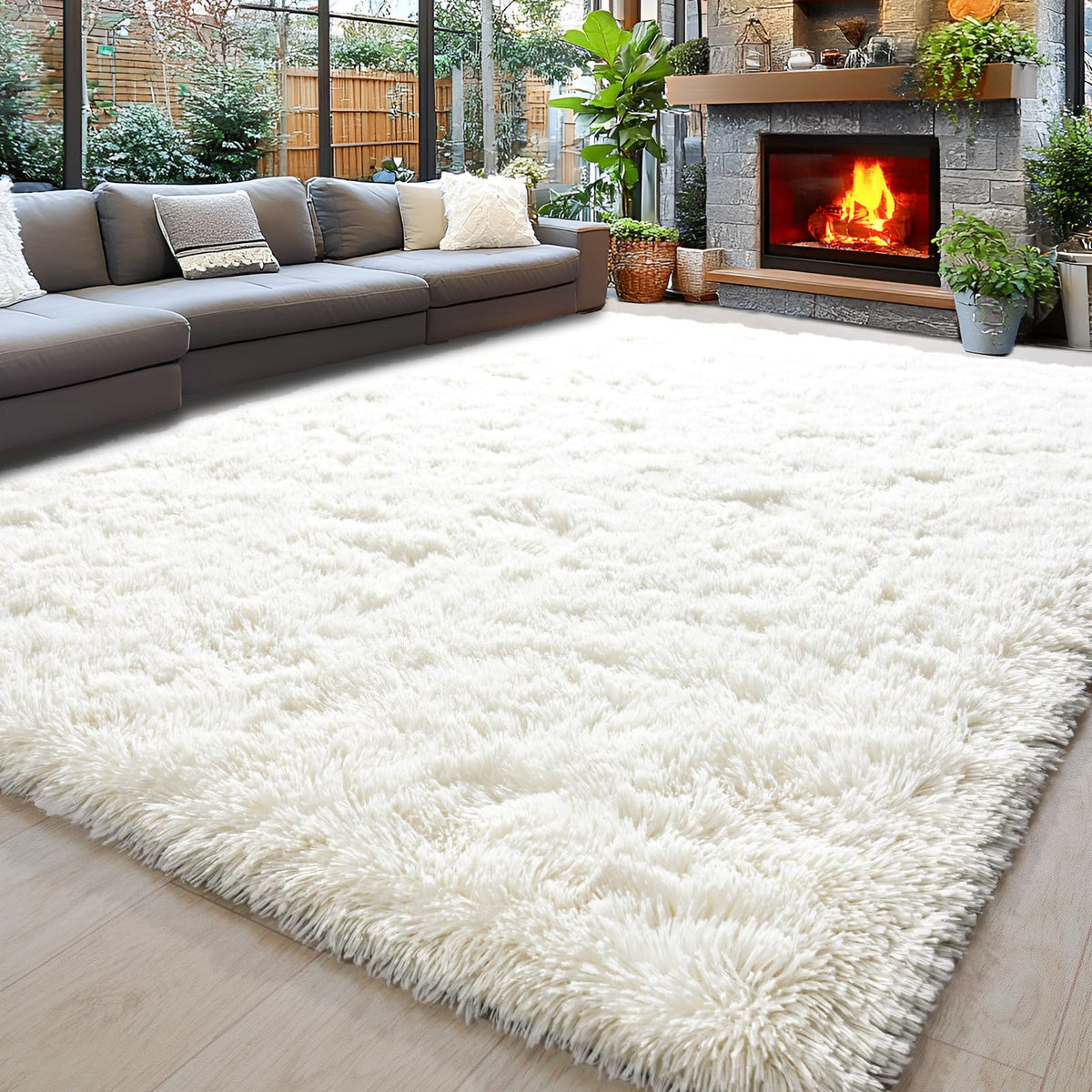 Awaytail 8x10 cream white shag rug adds soft warmth to living rooms.