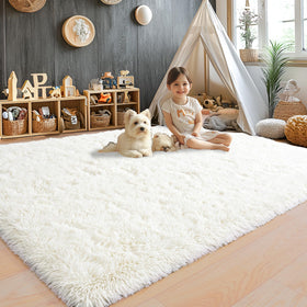 Awaytail cream white plush rug with memory foam for cold floors.