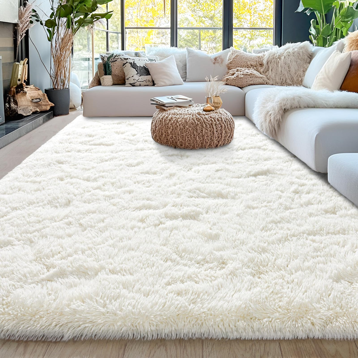 Awaytail fluffy area rug in cream white adds cozy warmth to the living room