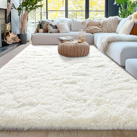 Awaytail fluffy area rug in cream white adds cozy warmth to the living room