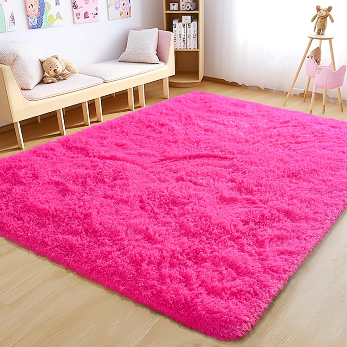 Awaytail fluffy rug close-up with hot pink fibers for cozy bedrooms.