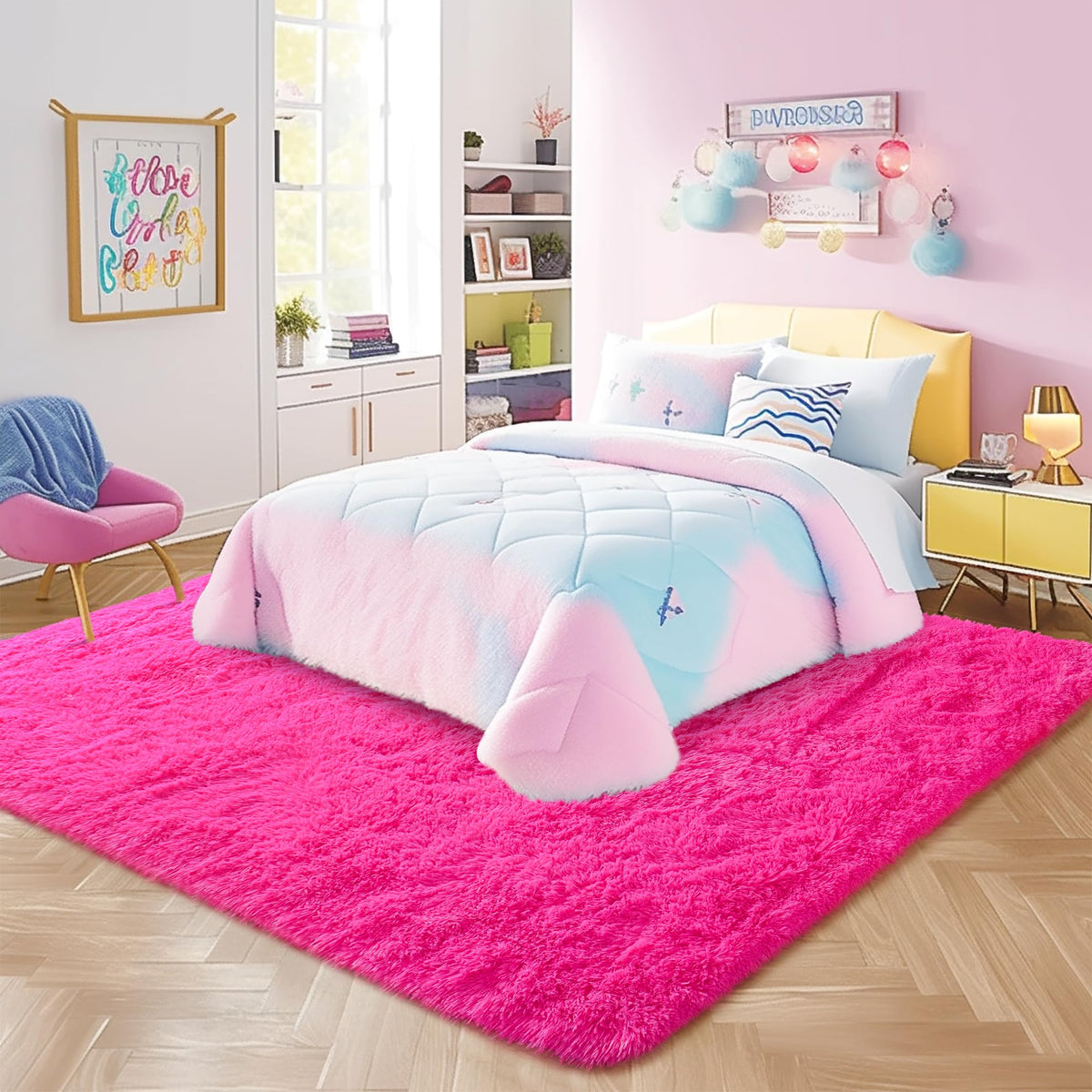 Awaytail plush shaggy rug in a stylish bedroom setup adds bright decor.