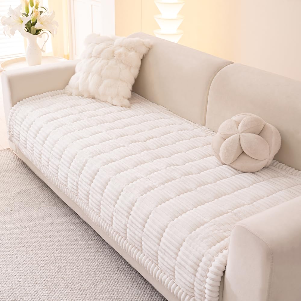 Awjcsv couch cover in white fuzzy fabric protecting a 3-cushion sofa