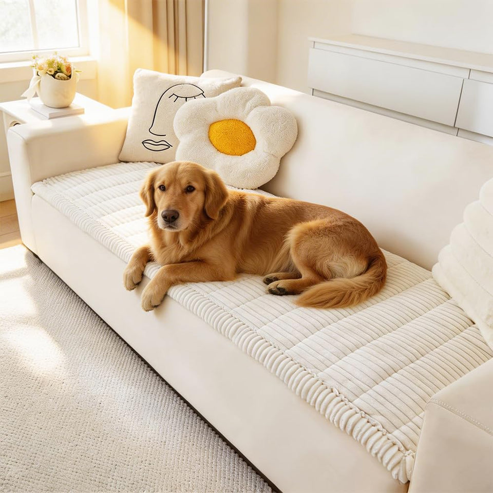 Awjcsv couch cover in white on a sofa protects furniture from paws and spills.
