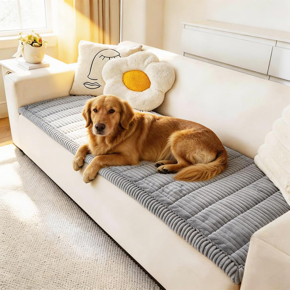 Awjcsv couch cover on a three-cushion sofa showing fuzzy fabric and sofa protection.