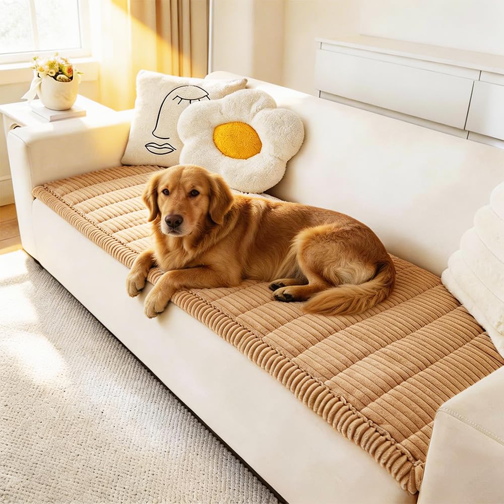 Awjcsv dog couch cover on a sofa protects furniture while matching decor.