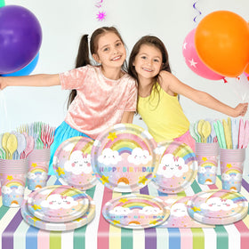 AWLZJZQA rainbow tablecloth protects surfaces and completes the colorful setup.