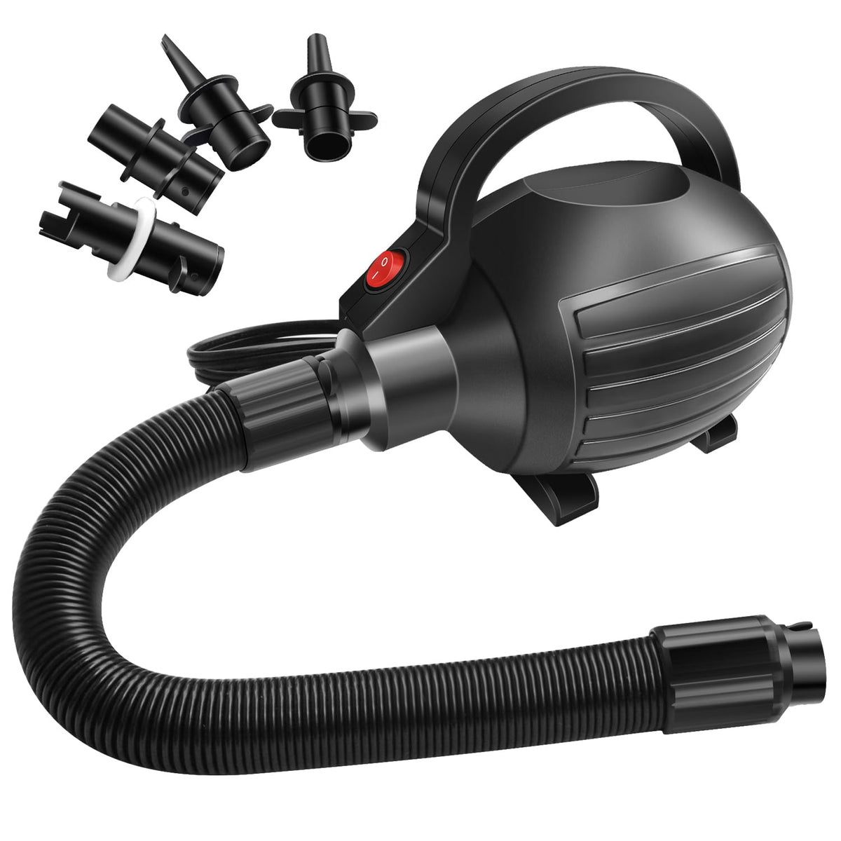 AWSUM 600W air pump front view with four nozzles for quick inflating