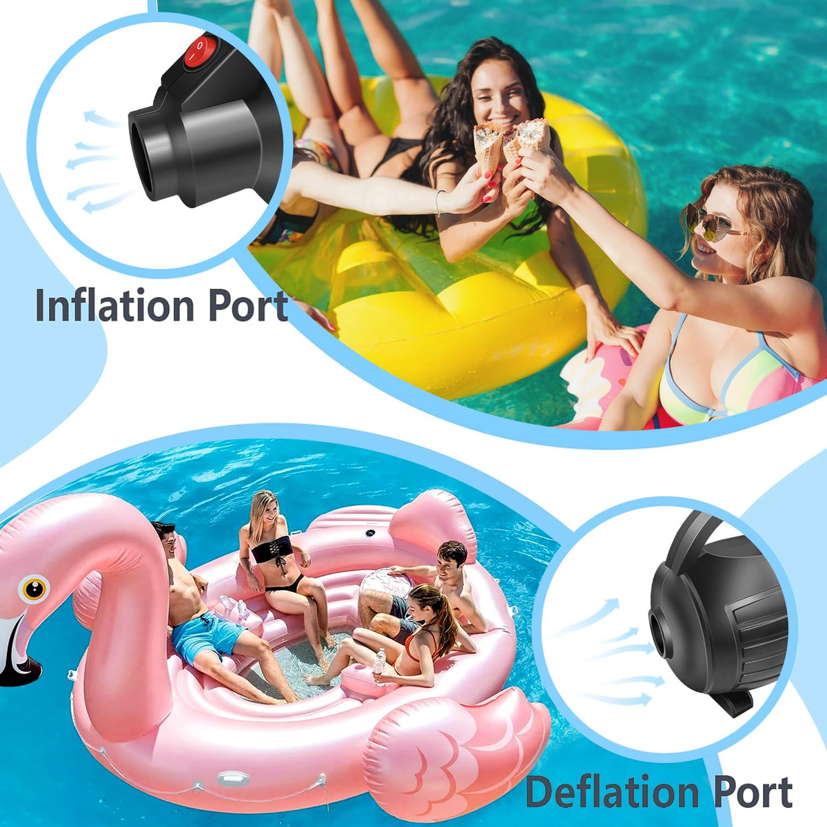 AWSUM electric pump inflating an air bed and pool float