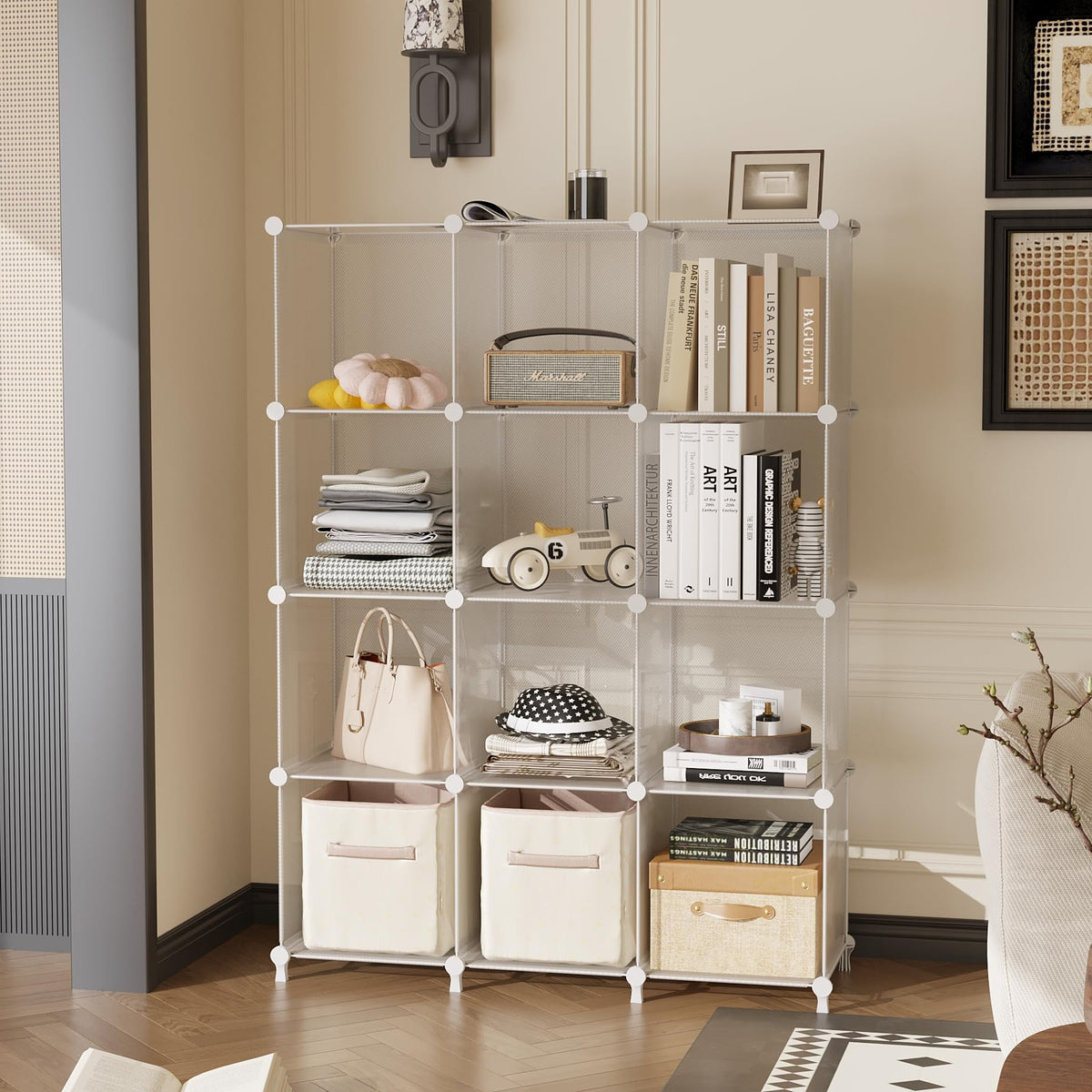 AWTATOS Cube Storage Assembly Step 2 locks panels for sturdy, stable shelving.