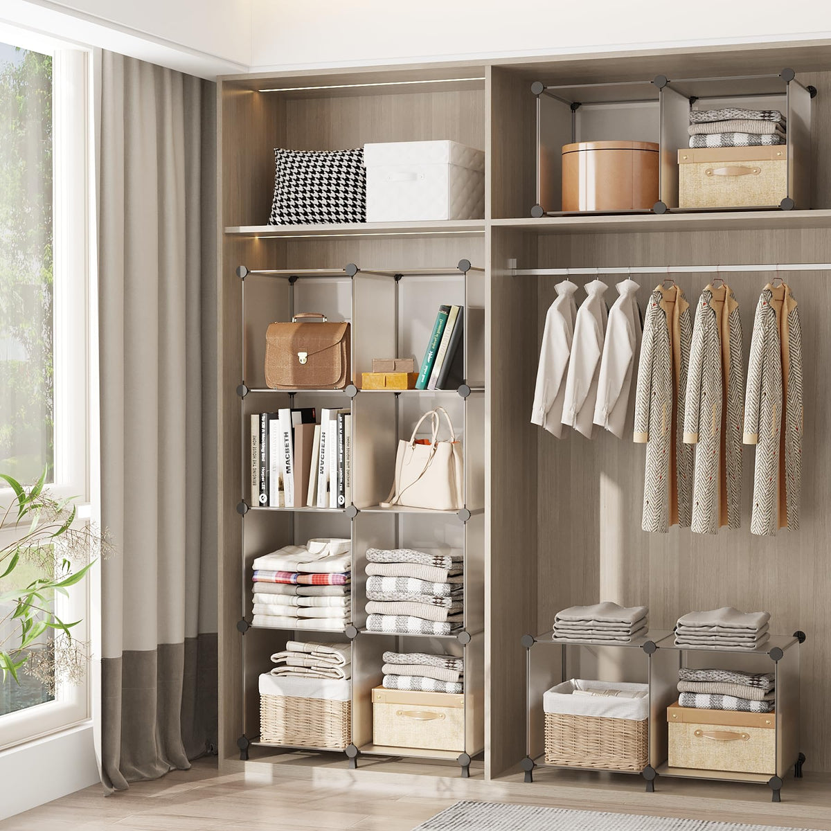 AWTATOS DIY stackable shelving system enables customized closet layouts.