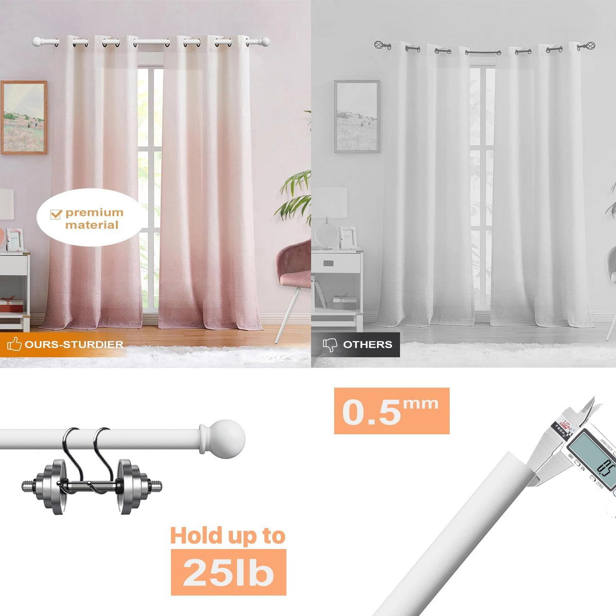 AWUIUNIE 16mm diameter curtain rod offers strong support for drapes.