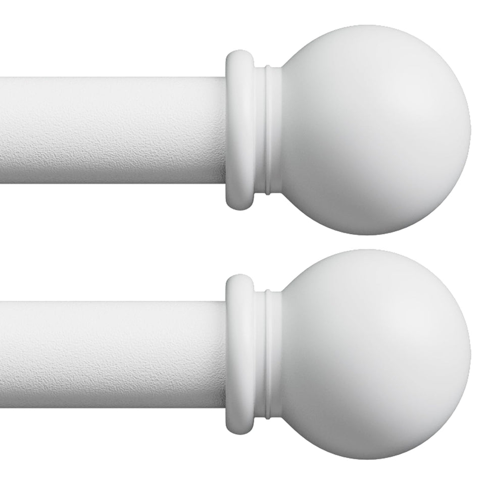 AWUIUNIE white 2-pack curtain rods with ball finials for stylish, sturdy window coverage.