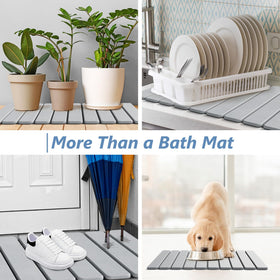 AWW bath mat size 23.6 by 15.5 inches fits compact bathrooms.