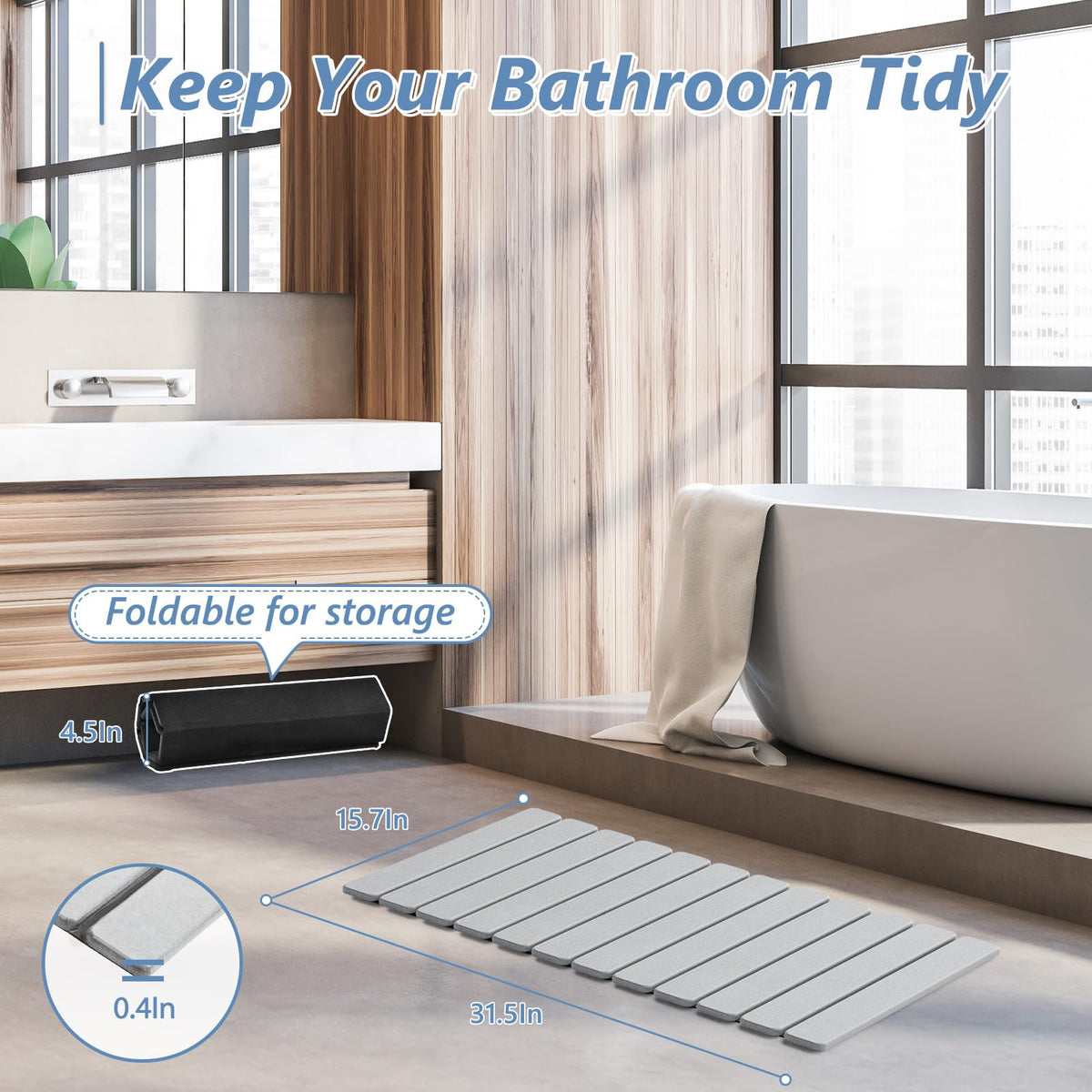 Light grey AWW Foldable Stone Bath Mat complements bathroom decor and dries fast