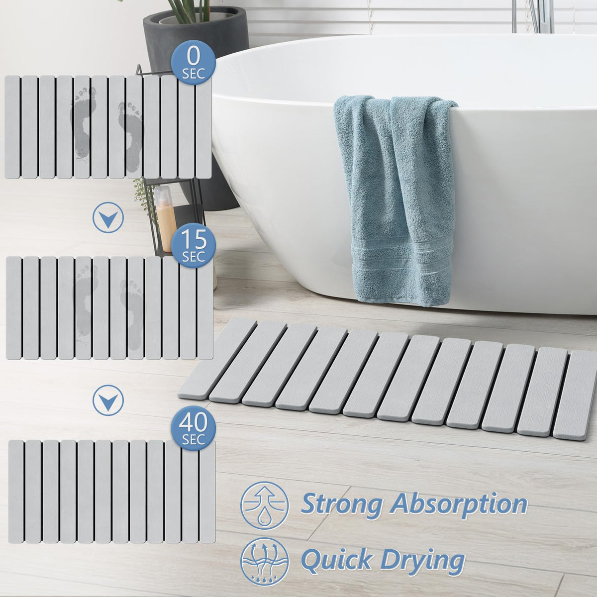 AWW Foldable Stone Bath Mat with non-slip pad for stable tile surfaces