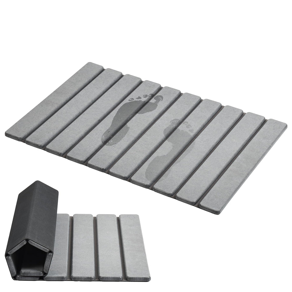AWW Foldable Stone Bath Mat demonstrates quick-dry surface for faster bathroom resets.