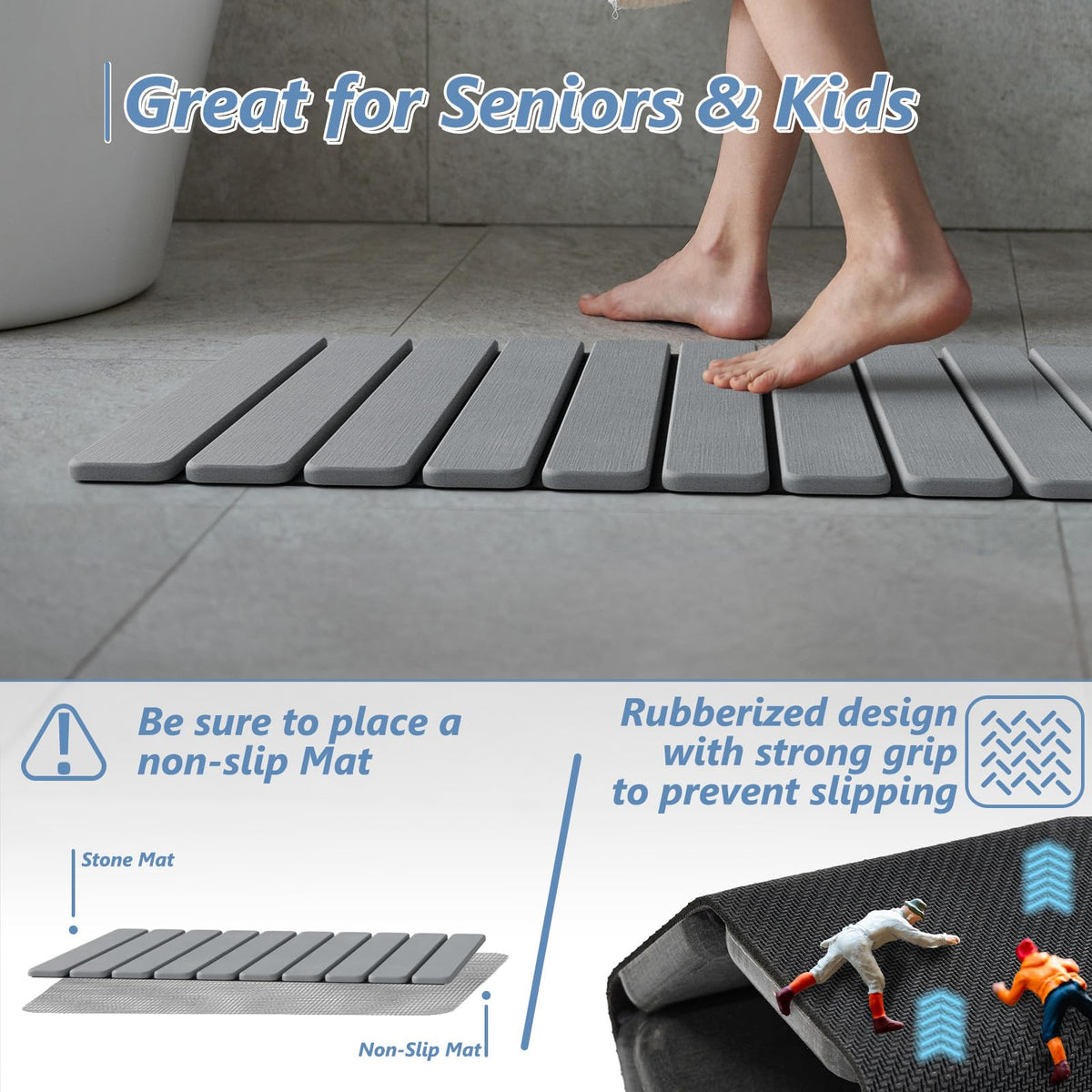 AWW Non-slip pad shown stabilizing the mat on tile or hard floors.