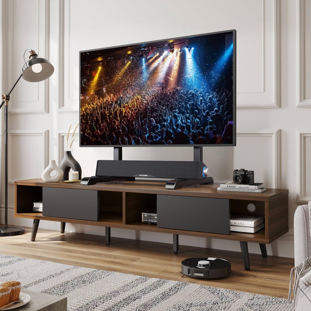 AX WABER table top TV stand sleek black finish blends with decor.