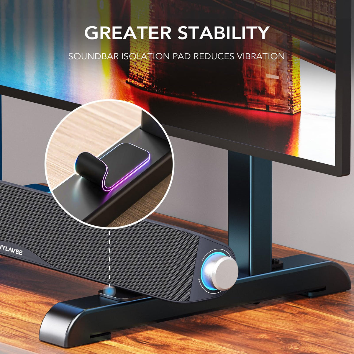 AX WABER table top TV stand cable management keeps cords organized.
