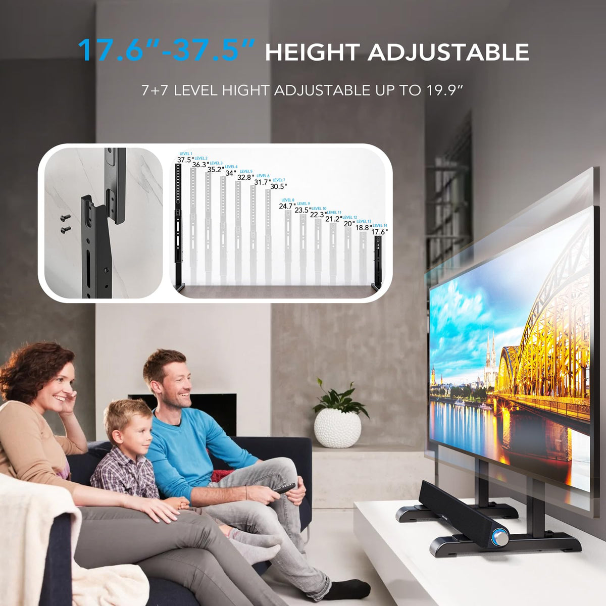 AX WABER table top TV stand height adjustment enables optimal viewing angles.
