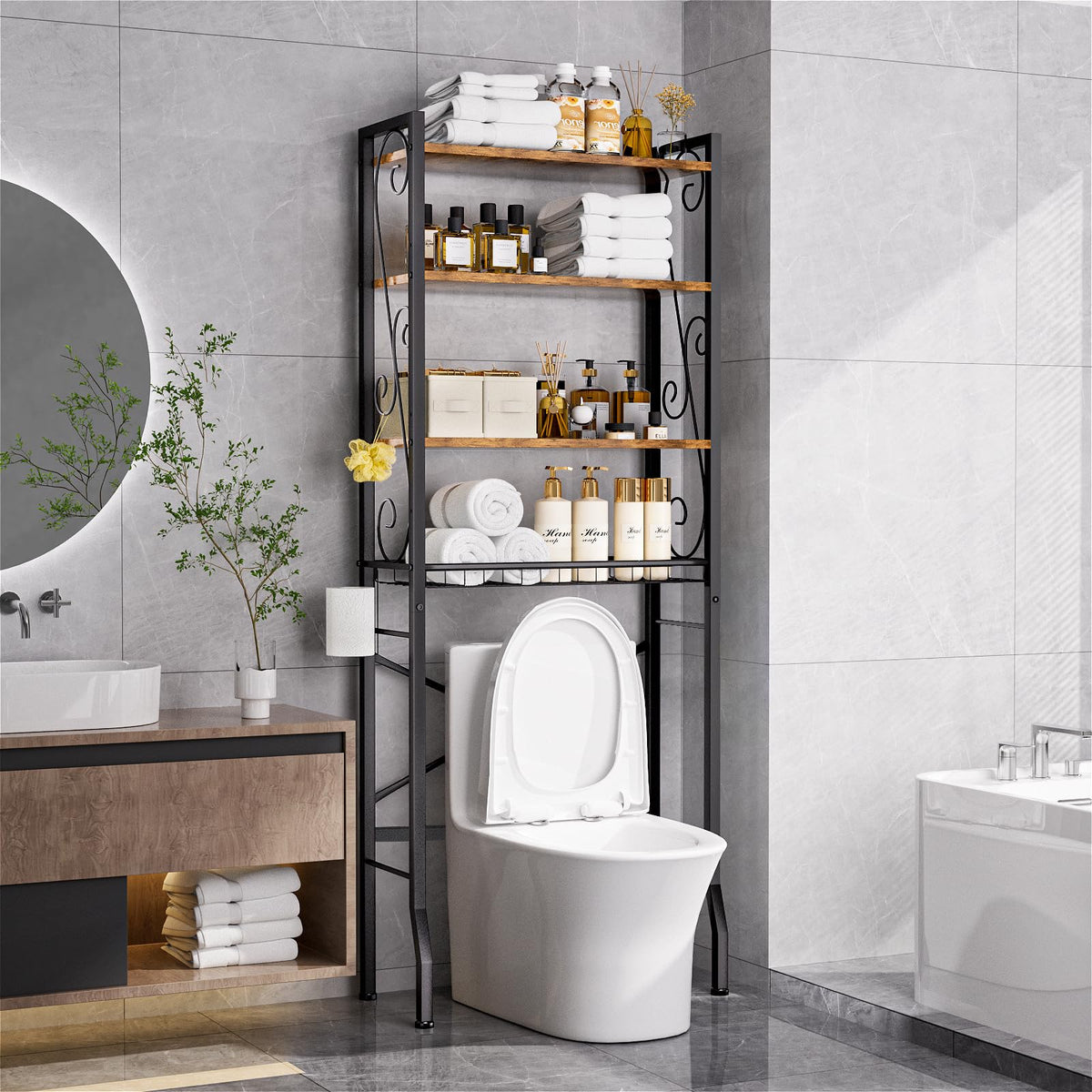 Axdtvoz over-the-toilet rack with four tiers for organized bathrooms.