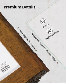 Axeman rustic frame with natural bark edges adds warmth and texture.