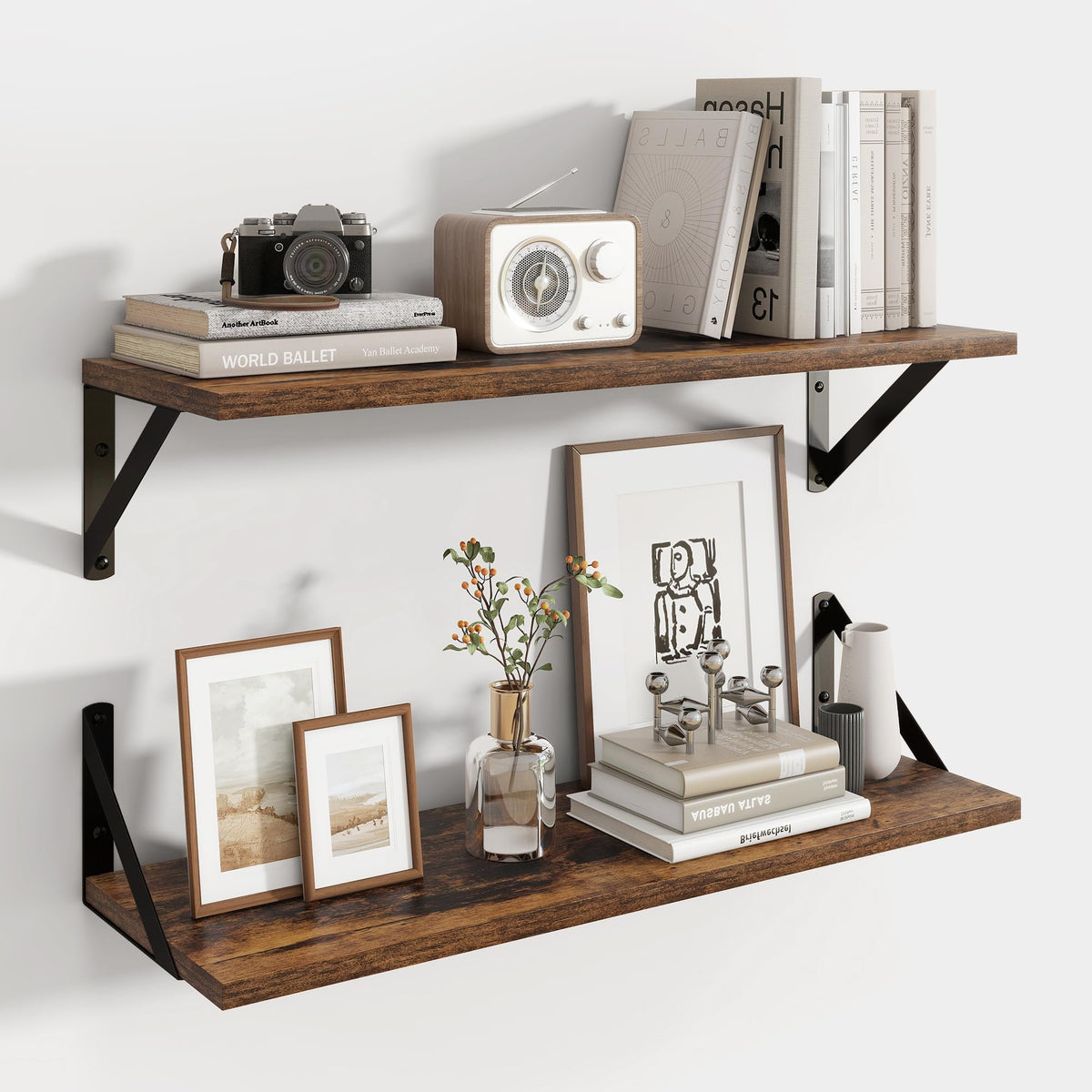 Axeman floating shelves in brown with 16W x 8D, ideal for books and keepsakes.