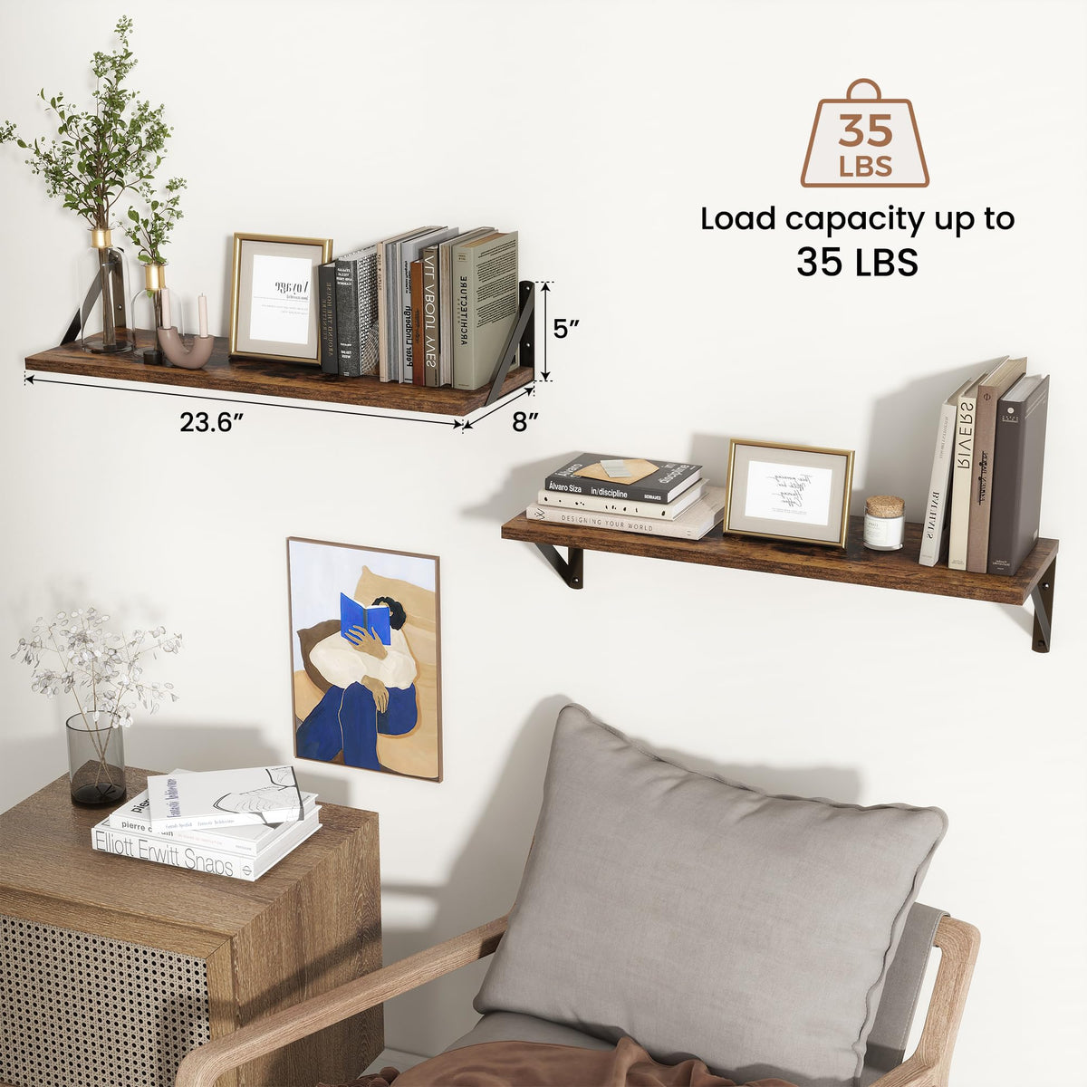 Axeman shelves for storage and decorative organization on a wall.
