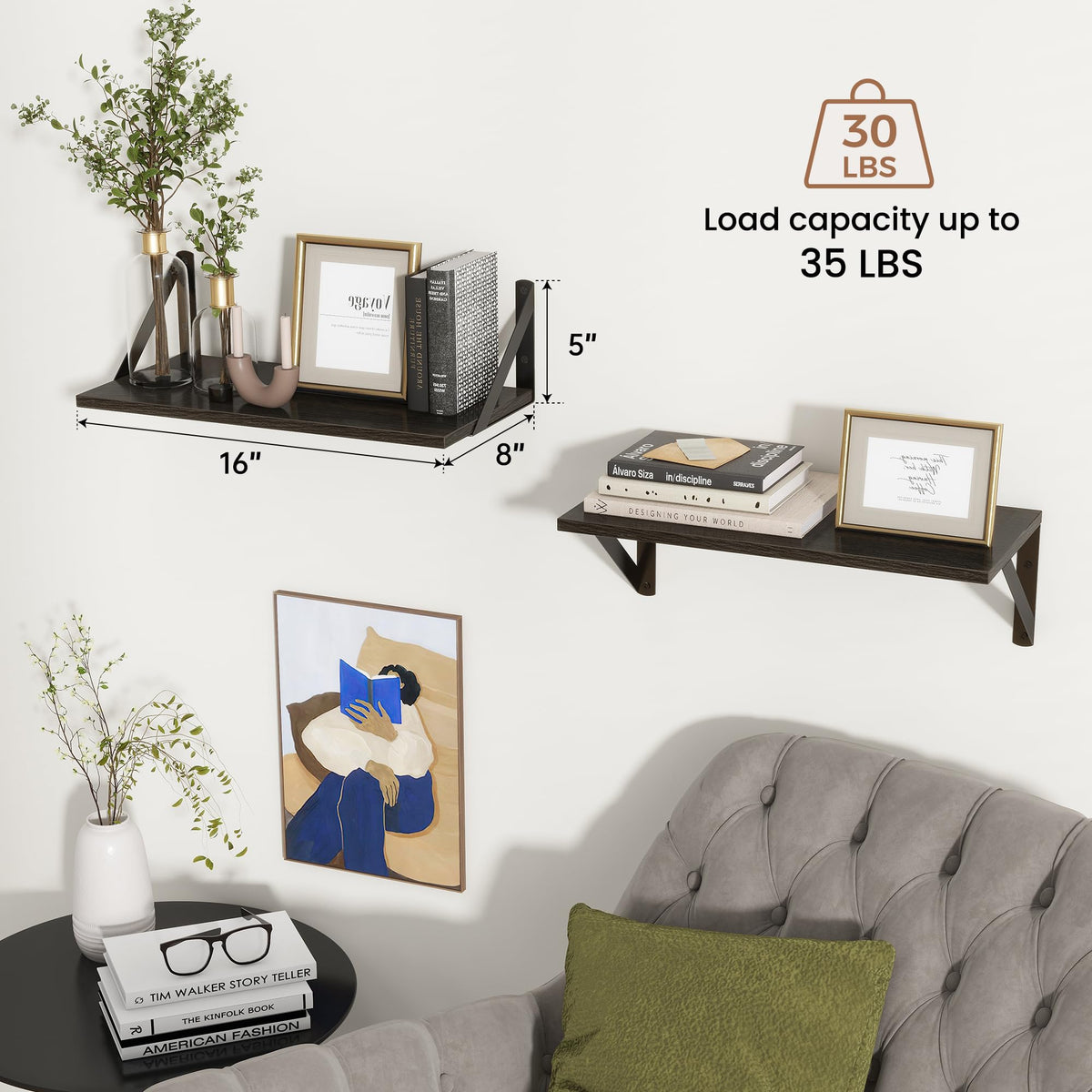 Axeman shelves holding books and decor for organized shelving
