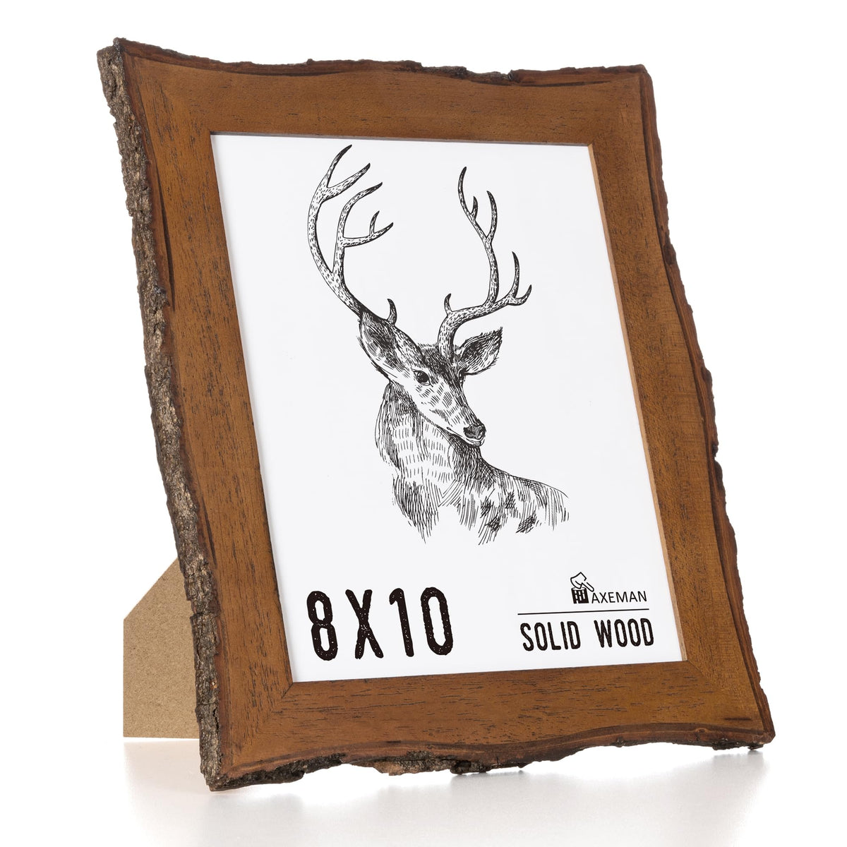 Axeman live-edge frame with bark edges highlights natural texture for rustic photo displays.