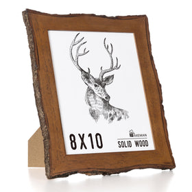 Axeman live-edge frame with bark edges highlights natural texture for rustic photo displays.