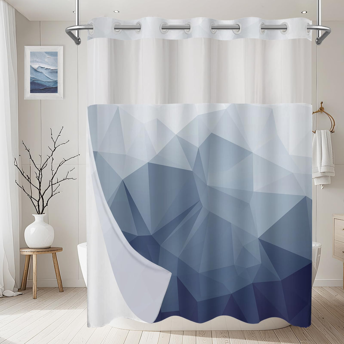 AXURXUI no-hook curtain full view highlighting geometric blue design for a quick bathroom upgrade.