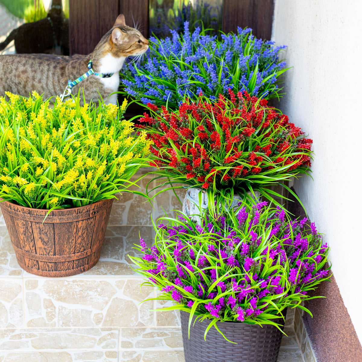 AXYLEX fake lavender plants endure sun and weather without fading outdoors.