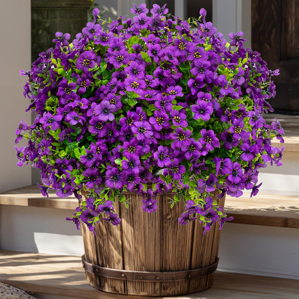 AXYLEX purple outdoor artificial flowers bundle enhances porch color without upkeep.