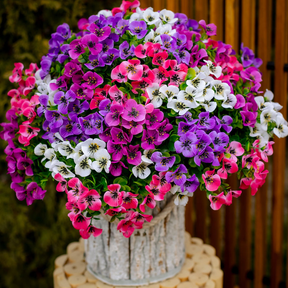 AXYLEX outdoor pansy bundles on a sunlit porch with fade-free color.