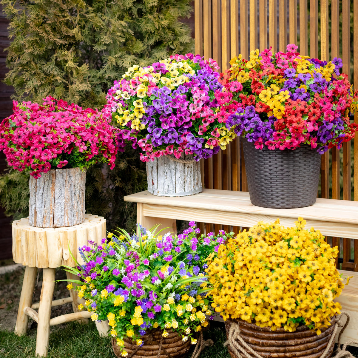 AXYLEX weatherproof artificial flowers withstand sun and heat for year-round curb appeal.
