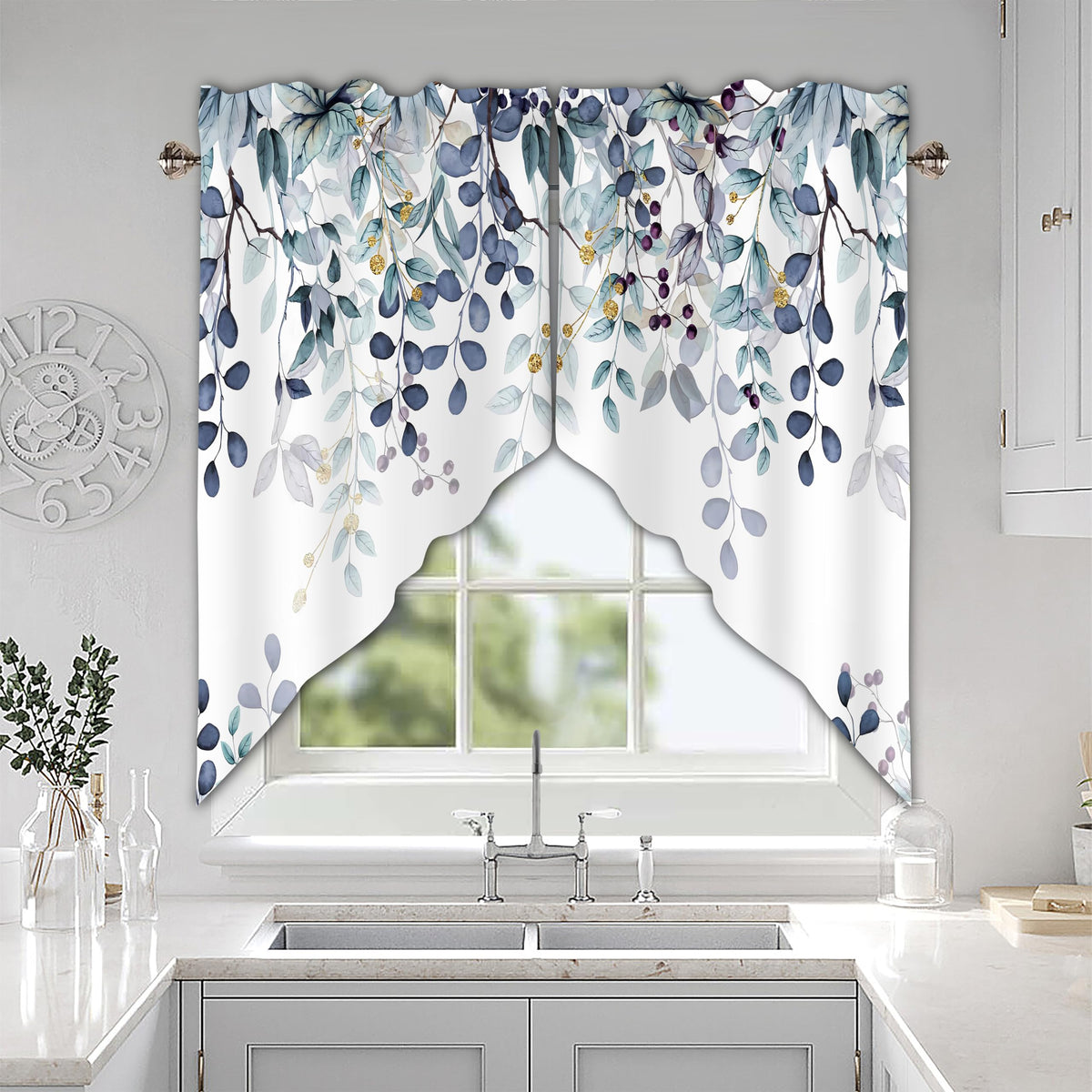 AYTTBIS dark blue eucalyptus swag valance in a cozy bedroom setting.