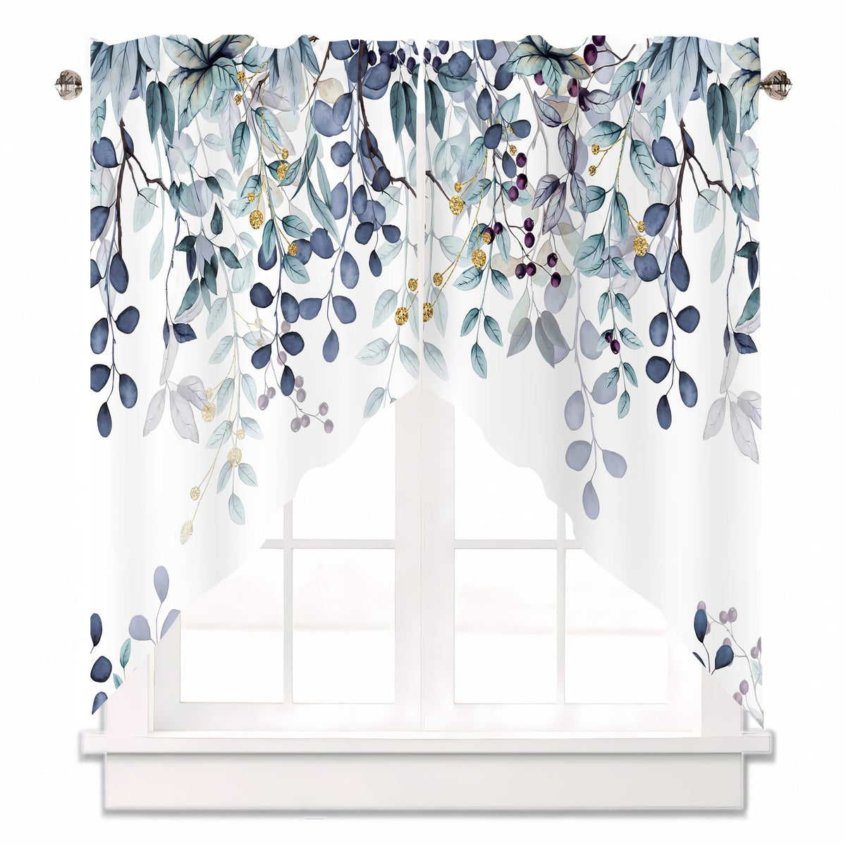 AYTTBIS dark blue eucalyptus swag valance close-up shows durable polyester and rod pocket.