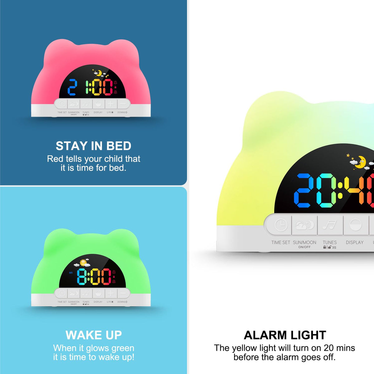 Azyh alarm clock green and red light signals wake and bedtime.