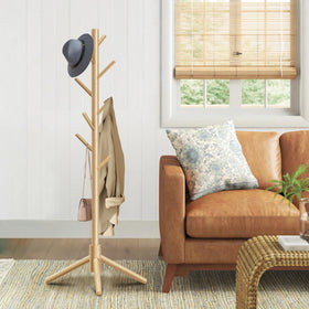 Azaeahom coat rack showing adjustable height feature for different users.