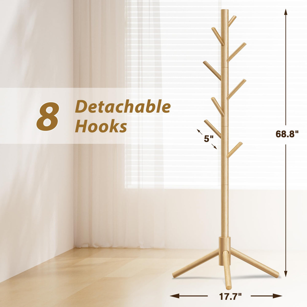 Azaeahom coat rack with a stable triangular base on a wooden floor.