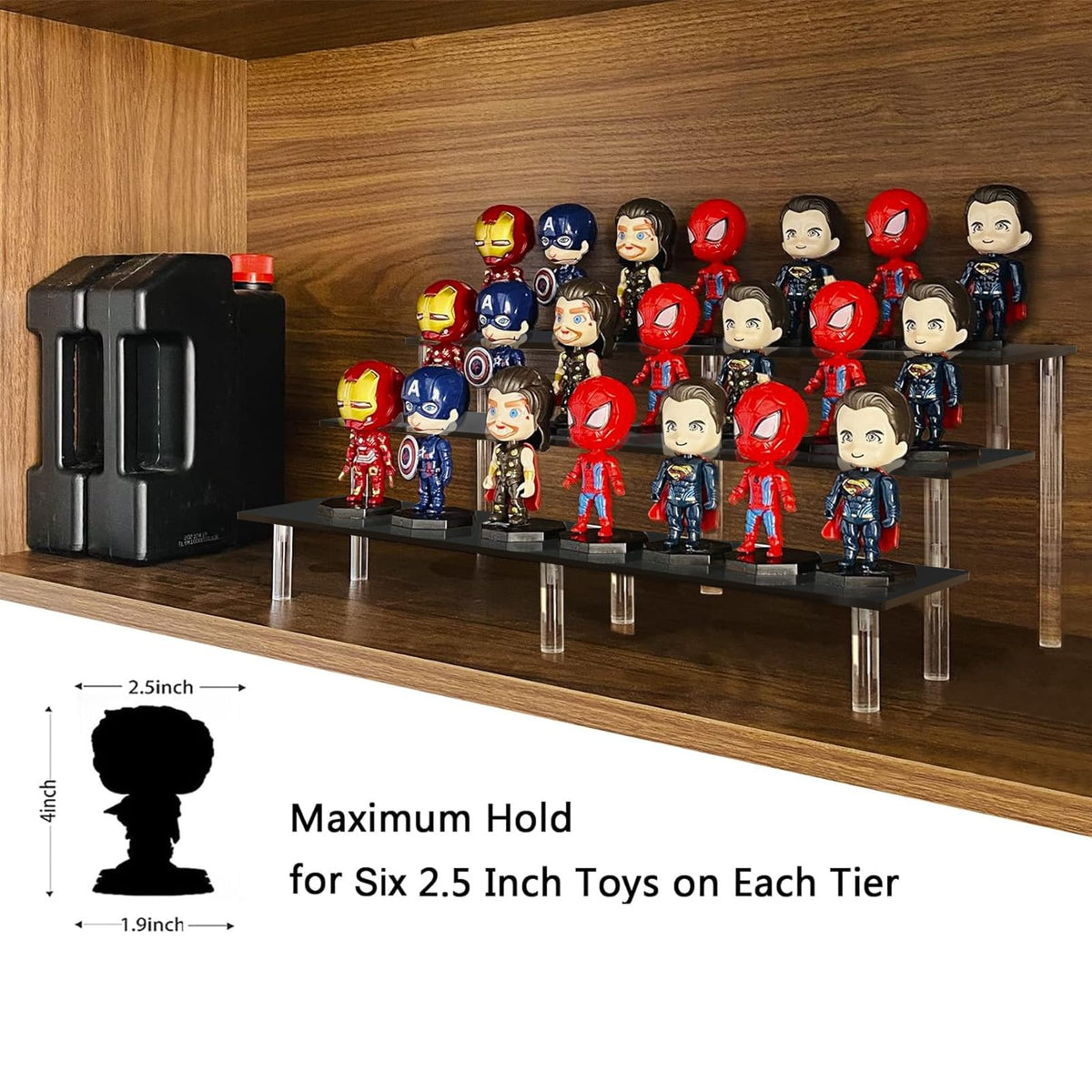 AZEAM 15-3/4-inch clear tiers create a stable multi-layer display for figures.