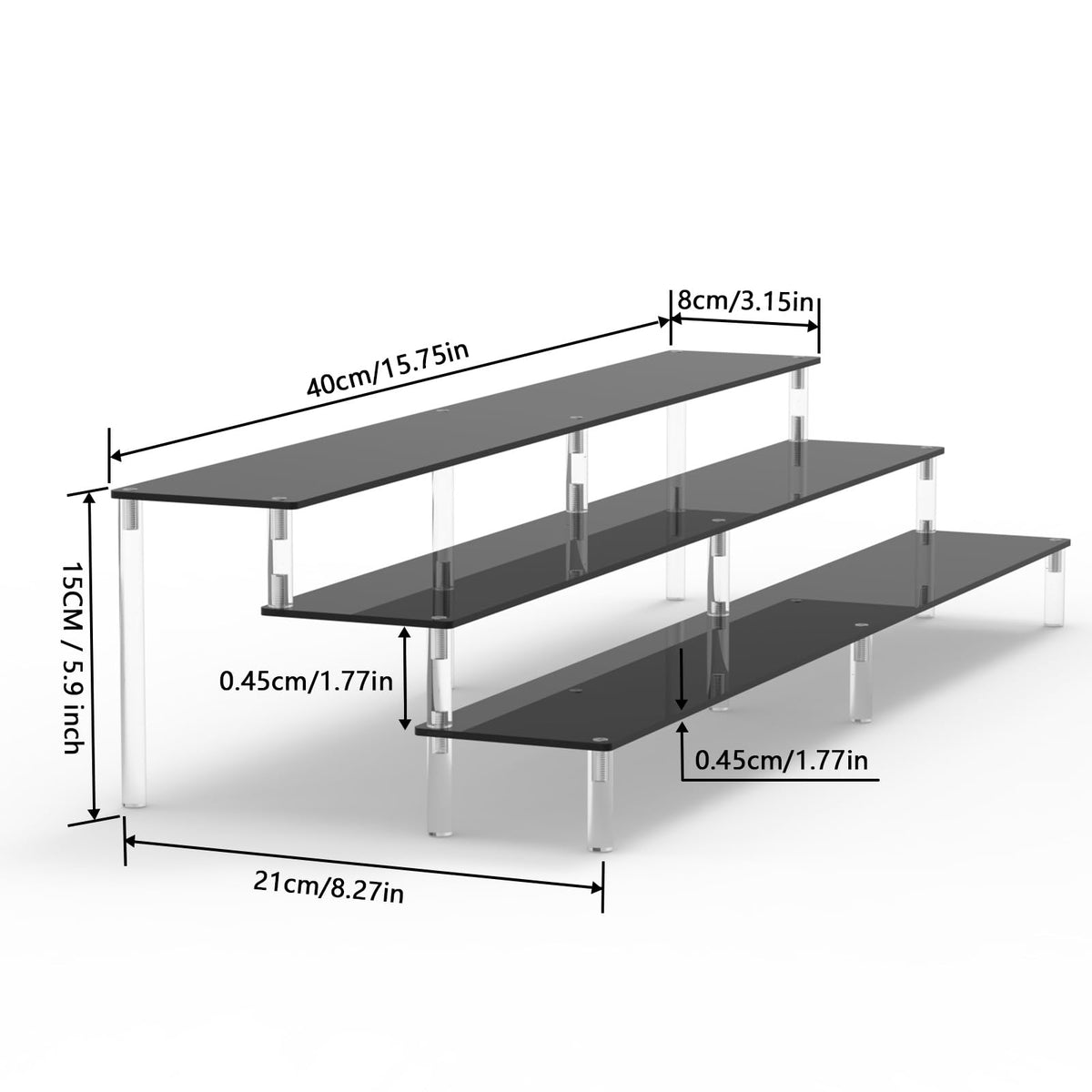 AZEAM clear 3-tier stand showcasing perfumes and cosmetics attractively.