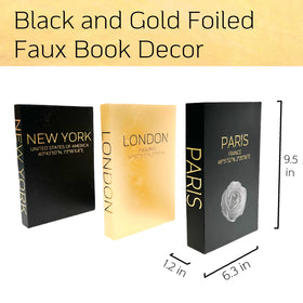 AZEZO black and gold faux book set with foiled titles on display