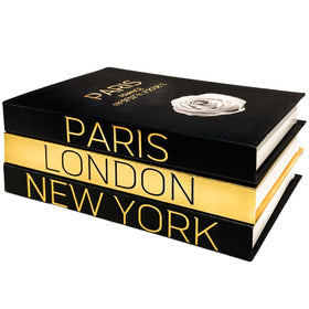 AZEZO Paris-London-New-York faux books close-up with gold foil accents on shelf