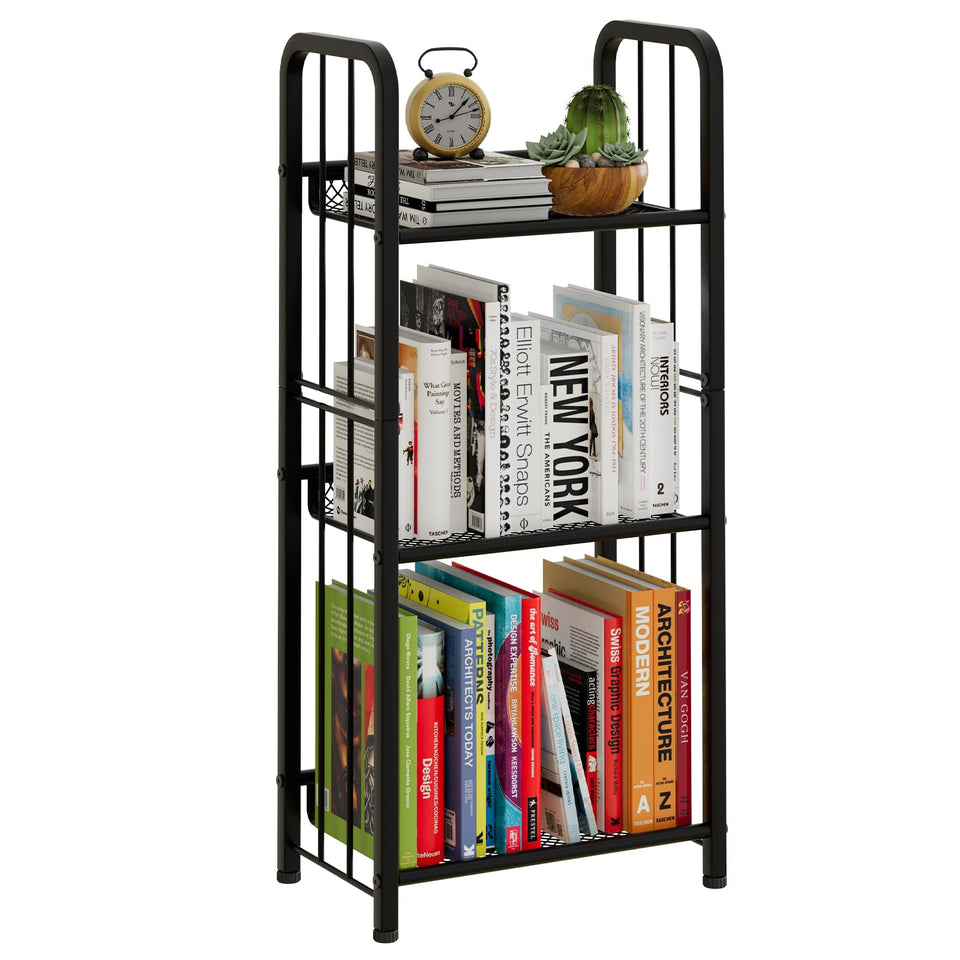 Azheruol Bookshelf 3-tiers in black for compact, stylish storage.