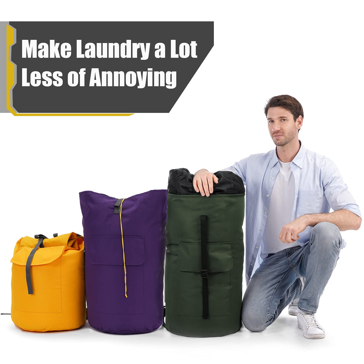 Azhido collapsible laundry bag stores flat when not in use.